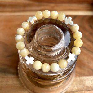 Hand Crafted Yellow Jade 8MM Bead and Cross Bracelet, 7"